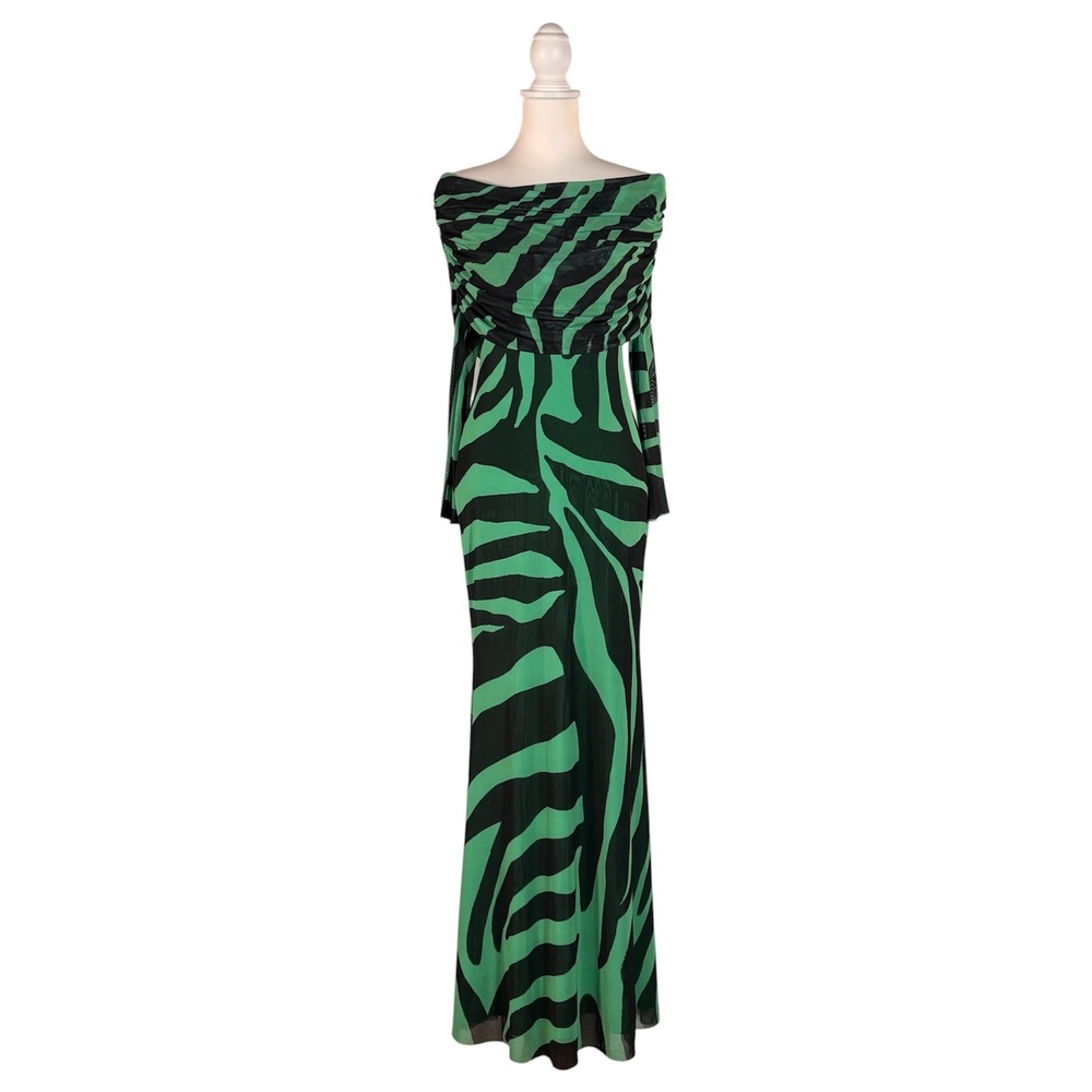 AFRM Bardot Power Mesh Maxi in Green Zebra Women's M NWT Off Shoulder Sexy Siren